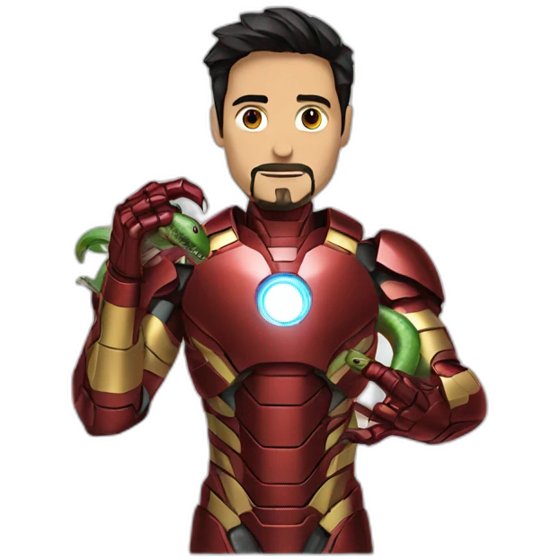 iron man holding a snake on his right hand and he looking that snake emoji