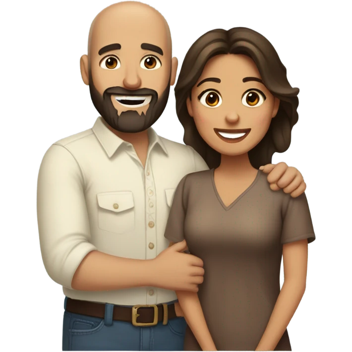 Brown-haired Puerto Rican woman with dark brown eyes wearing a cute blouse giving comforting hug to short, bald man with brown eyes, laugh lines, and a beard emoji