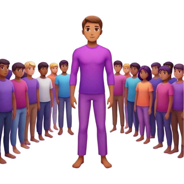 A charismatic person standing confidently in the center of a room, radiating a violet warm bright aura glow, he is calm with a lot of people around emoji
