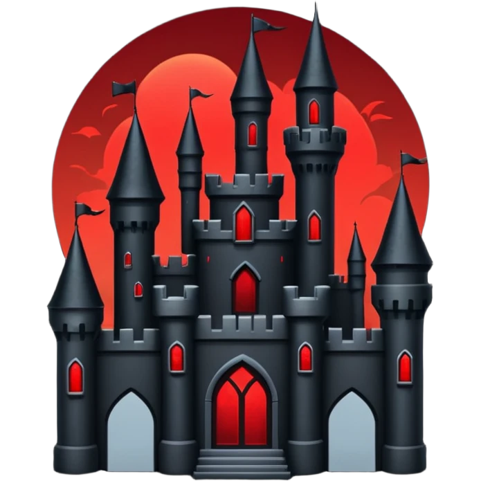 iOS sticker, dark castle, black walls, red windows, minimal fantasy emoji