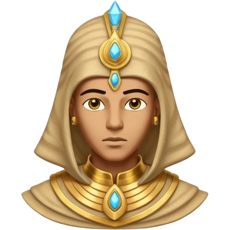 ancient pharaoh sand mage portrait, head and shoulders only, Egyptian-inspired hood collar, gold ornaments, mystical sand swirl, glowing eyes, 3D cartoon, mobile game icon style, clean background, no text, no watermark
 emoji