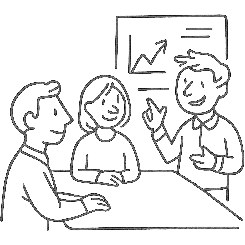 a friendly work team during a briefing, hand-drawn style, sketchy lines, relaxed atmosphere, simple color palette emoji