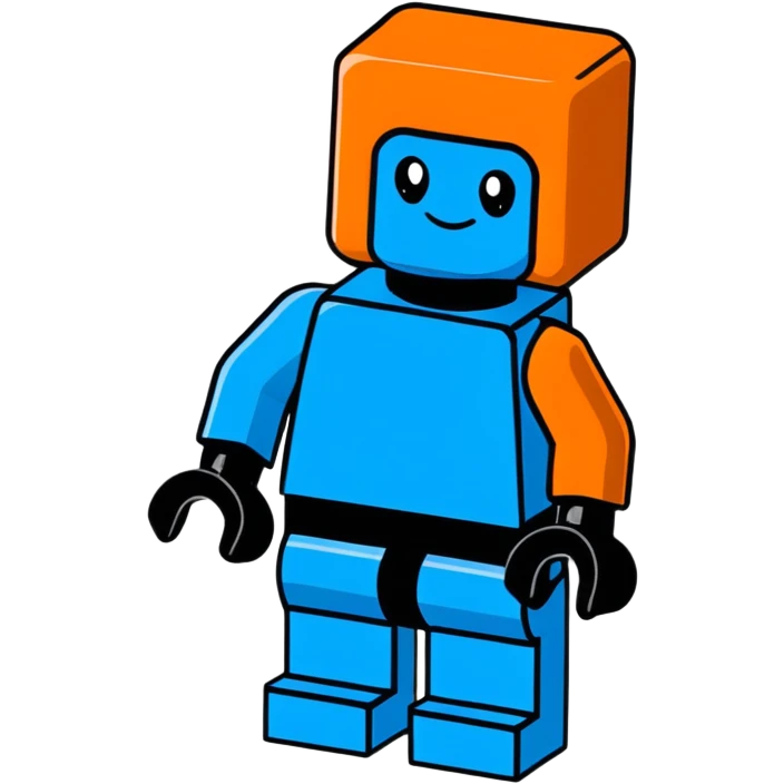 A cartoon blue Lego brick character with arms, legs and a friendly face emoji