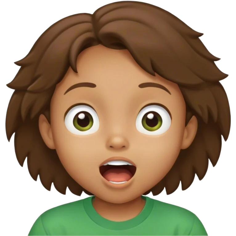 mulato kid with big eyes, brown hair, green t-shirt, mouth open, smiling, looking up emoji