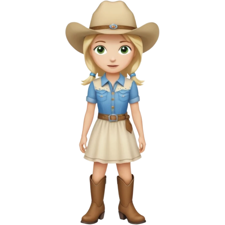 cowgirl bionda con occhi verdi/azzurri con un vestito bianco stivali e cappello beige emoji