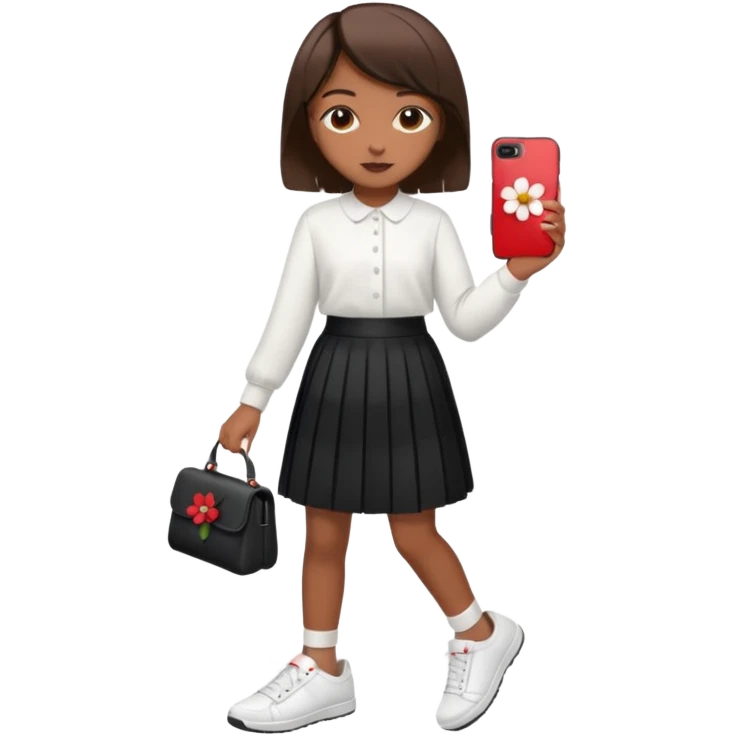 Menina pele parda, cabelo liso médio curto, roupa modesta, blusa branca e saia preta plissada,  tênis branco celular Samsung a06 capinha vermelha, prendendor de cabelo de flor branca emoji