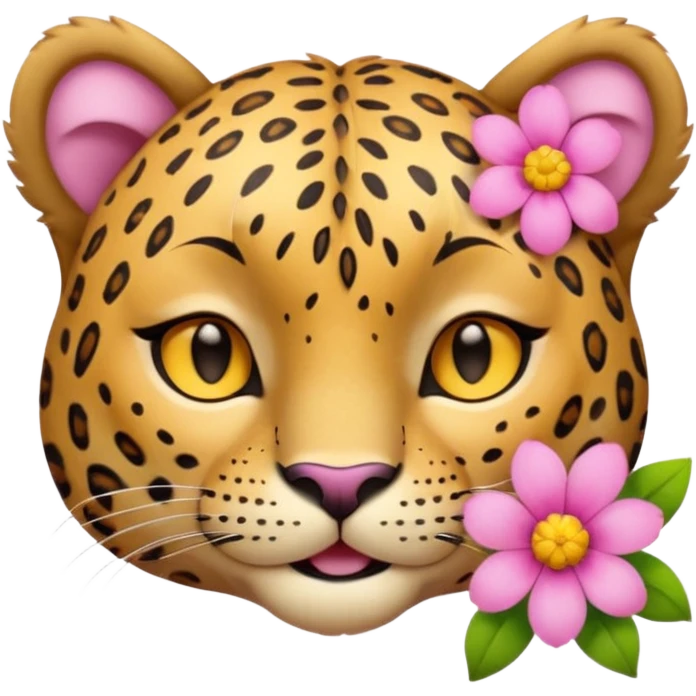 eyes closed, A leopard with peaceful smile, A pink flower with a yellow center is tucked behind its right ear
 emoji