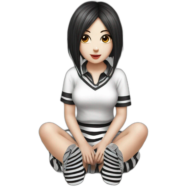 Hyperrealistic Frontal view curvy emo girl sits white skirt striped stockings hands up emoji