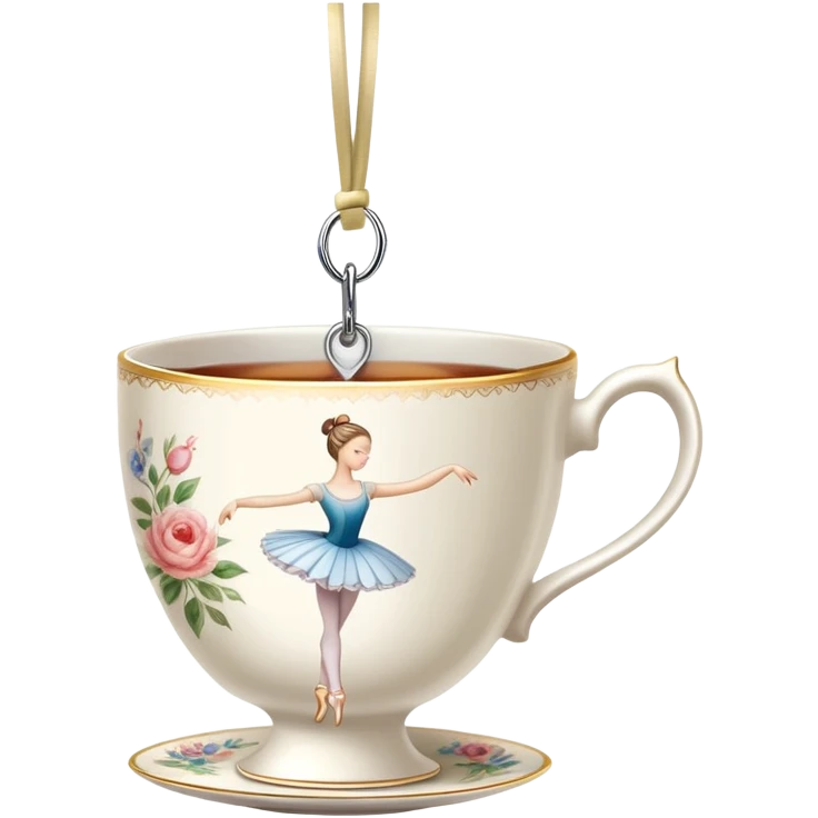 A tea cup with a tea bag tag hanging out, dancing en pointe in a classical ballet position emoji
