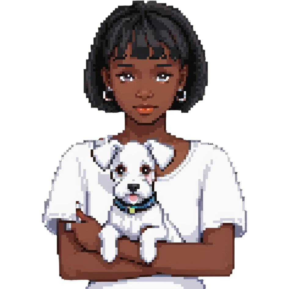 Black girl with short bangs holding a white schnauzer dog emoji