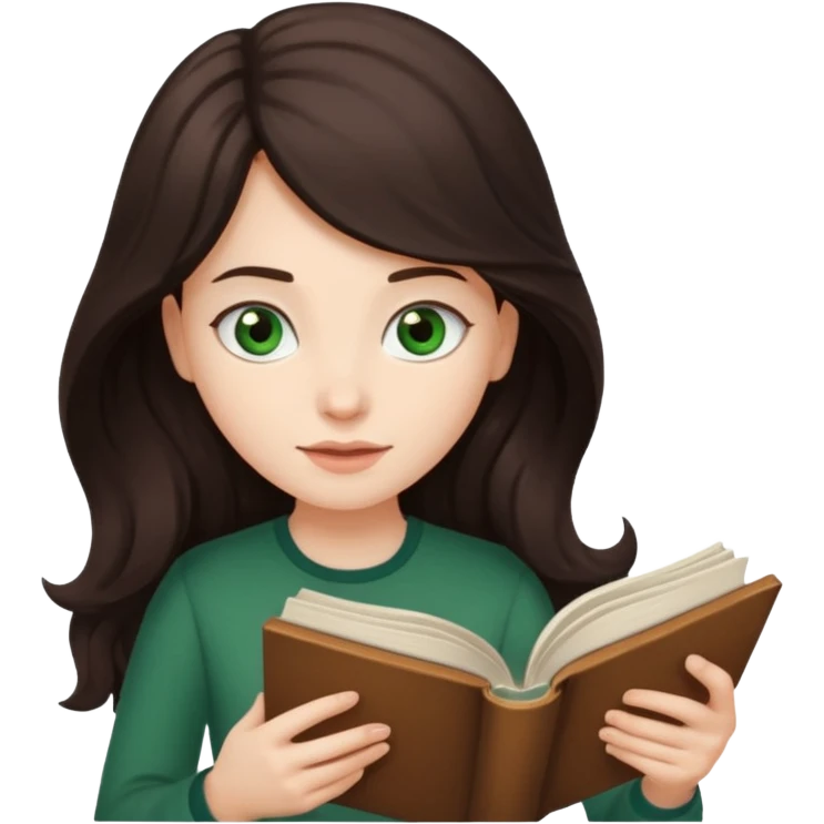 Long wavy dark brown haired, white skinned, dark green eyed girl reading a book emoji