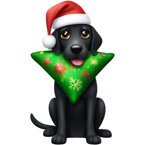 Black dog holding green Christmas pillow  emoji