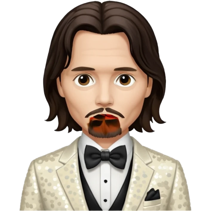 Johnny Depp with long dark brown hair hair, ivory sequin suit with bow tie emoji