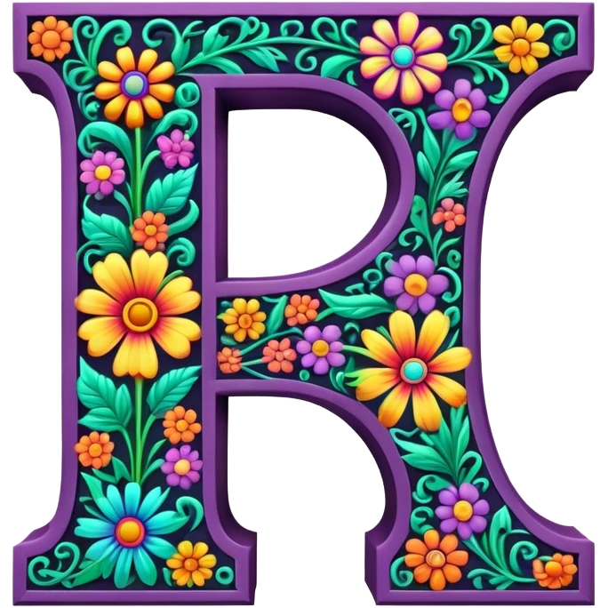 3D, gothic style psychedelic colored capital Letter i with hippie style flower border emoji