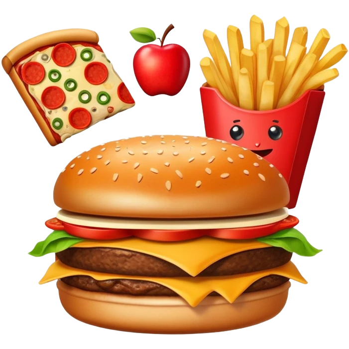 A fun fusion food emoji where a burger, pizza slice, french fries, and an apple are combined into one wacky fast food item emoji