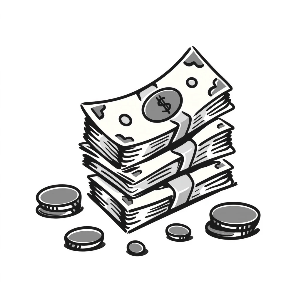 Money bills and coins, cash currency in pastel colors (dd9fb0, ffc6d3, a3bfc9, c4bee2, f1b091), hand-drawn doodle style emoji