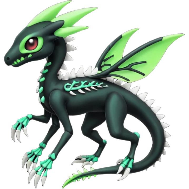 Obsidian-black and neon-glowing-green skeletal Meloetta-Salandit-Gorebyss-Salazzle-Pokémon-Fakémon-creature-fusion-hybrid emoji