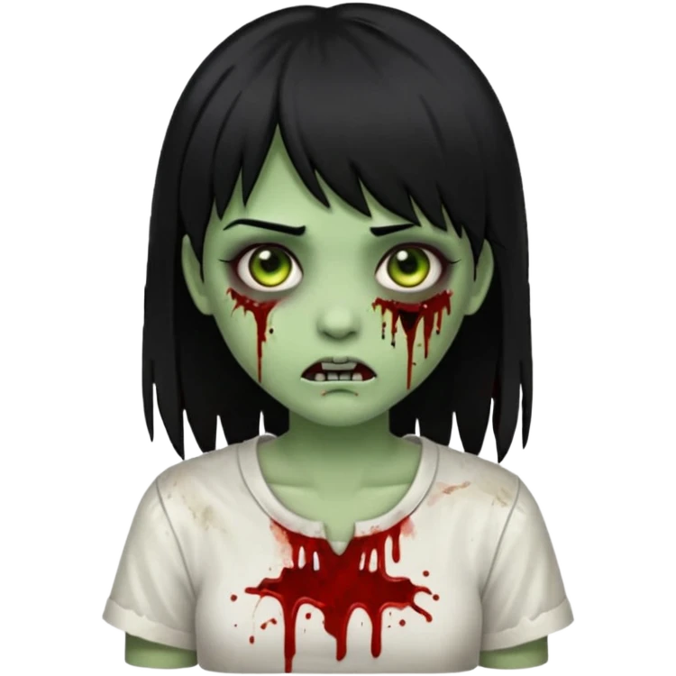 Emoji de uma garota zumbi com os cabelos longos, lisos e pretos. Ela usa uma franja curta que cobre toda a sua testa. Tem a pele esverdeada e ferimentos no rosto ultra-realista e cobertos com sangue, usa uma blusa branca rasgada e suja de poeira. emoji
