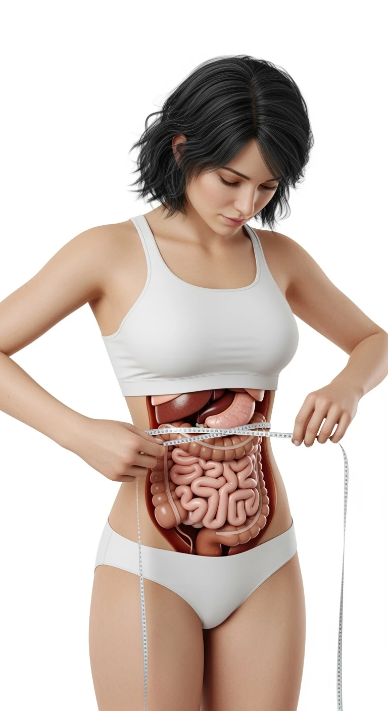 DONNA CHE SI STRINGE I FIANCHI CON LE MANI PER MISURARLI, INTESTINO ANATOMICO REALISTICO IN EVIDENZA, iperrealistico 4k, SENZA METRO, ISOLATA SU SFONDO BIANCO emoji