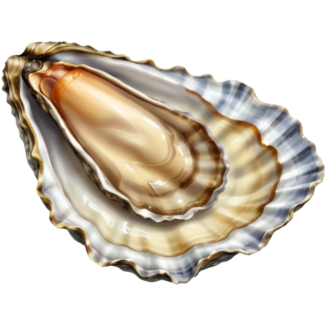 realistic raw oyster, open on half shell, textured irregular shell, grey and brown, glistening flesh, translucent moist interior, natural folds, creamy grey-beige, no lemon, ice, plate, garnish, or faces, clean 3D, soft lighting, transparent background, emoji scale emoji