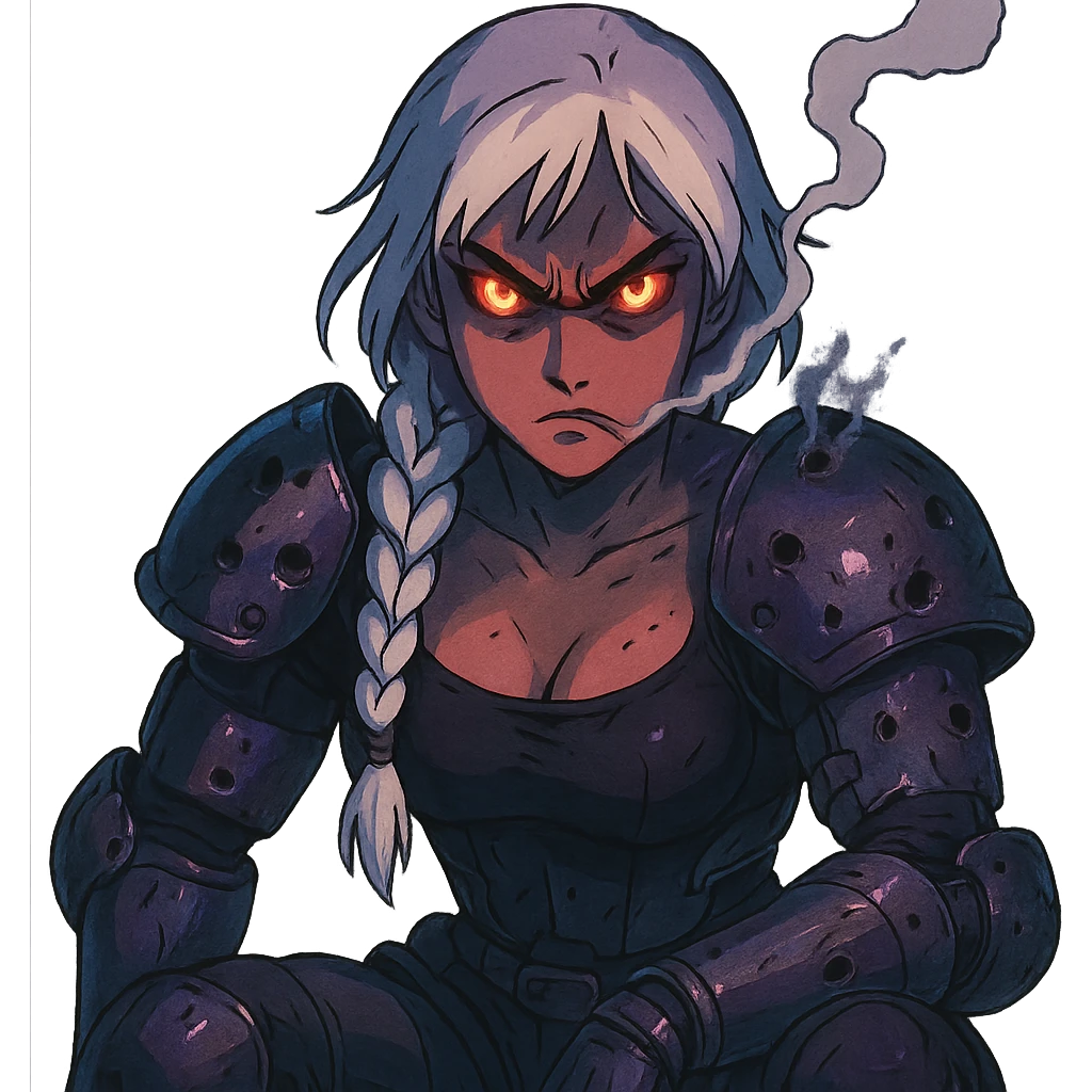  she is wearing armor, maximum power , armor riddled with bullet holes, smoking, vengeful aura demon glare eyes, a closeup portrait of young woman with gold yellow eyes, white hair, long braid, black off-shoulder top d-cup, punk gothic style, futuristic cyberwave cyberpunk, sitting position emoji