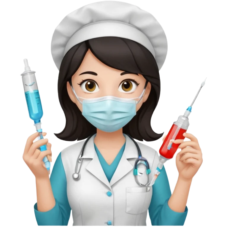 ی دختر با روپوش پرستاری و ماسک موی مشکی و امپول ب دست emoji