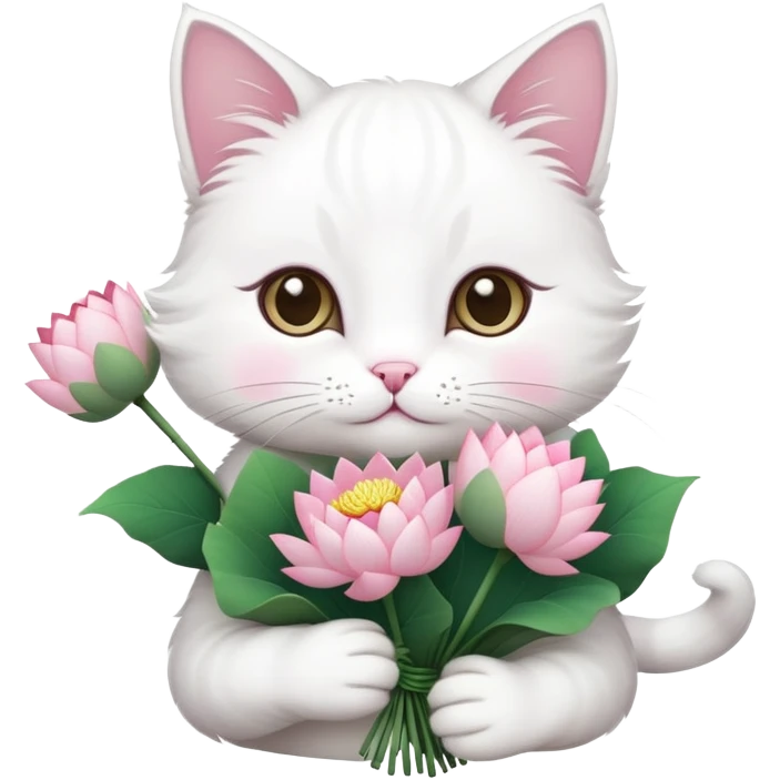 White cat holding a bouquet of lotus flowers emoji