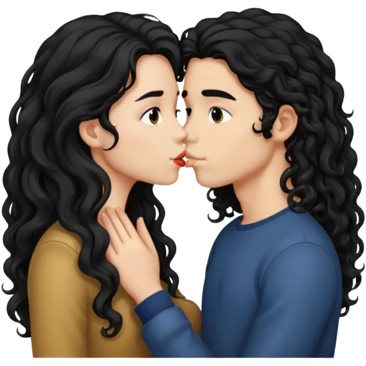 girl with long black hair kissing boy with long curly hair  emoji