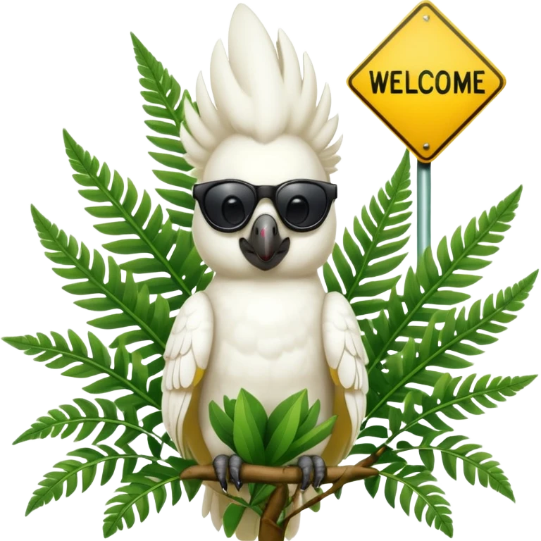 sulfer crested cockatoo wearing sunglasses sitting in a green fern tree with an australian street sign saying 'welcome to cockatoo' emoji