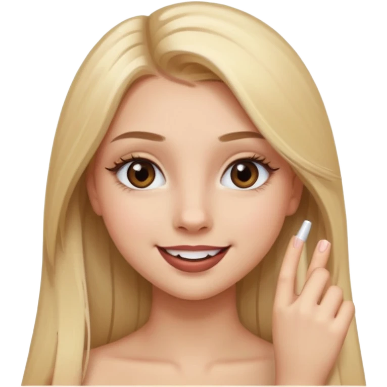 una chica con pose divertida de 18 años con los labios con pintalabios nude y los ojos maquillados, de piel blanca con el pelo liso, largo y rubio, ojos marrones emoji