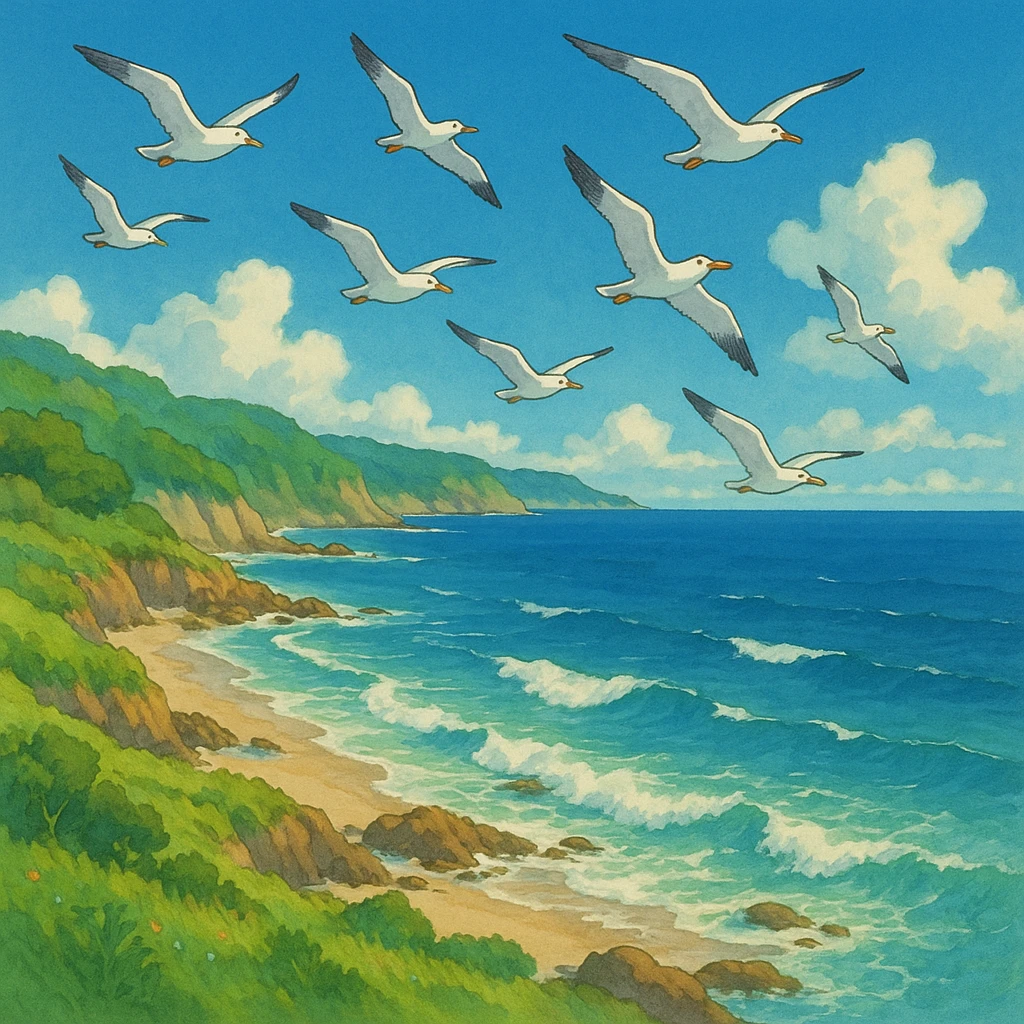 ghibli style coastline with seagulls flying above emoji