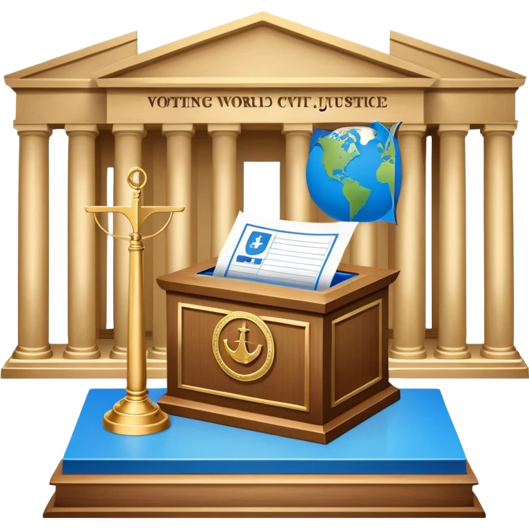 An icon featuring a ballot box with a voting paper, a government building with columns, and a scale of justice, symbolizing political science. The design includes a world map in the background, representing global political systems. Transparent background highlights governance and civic studies. emoji