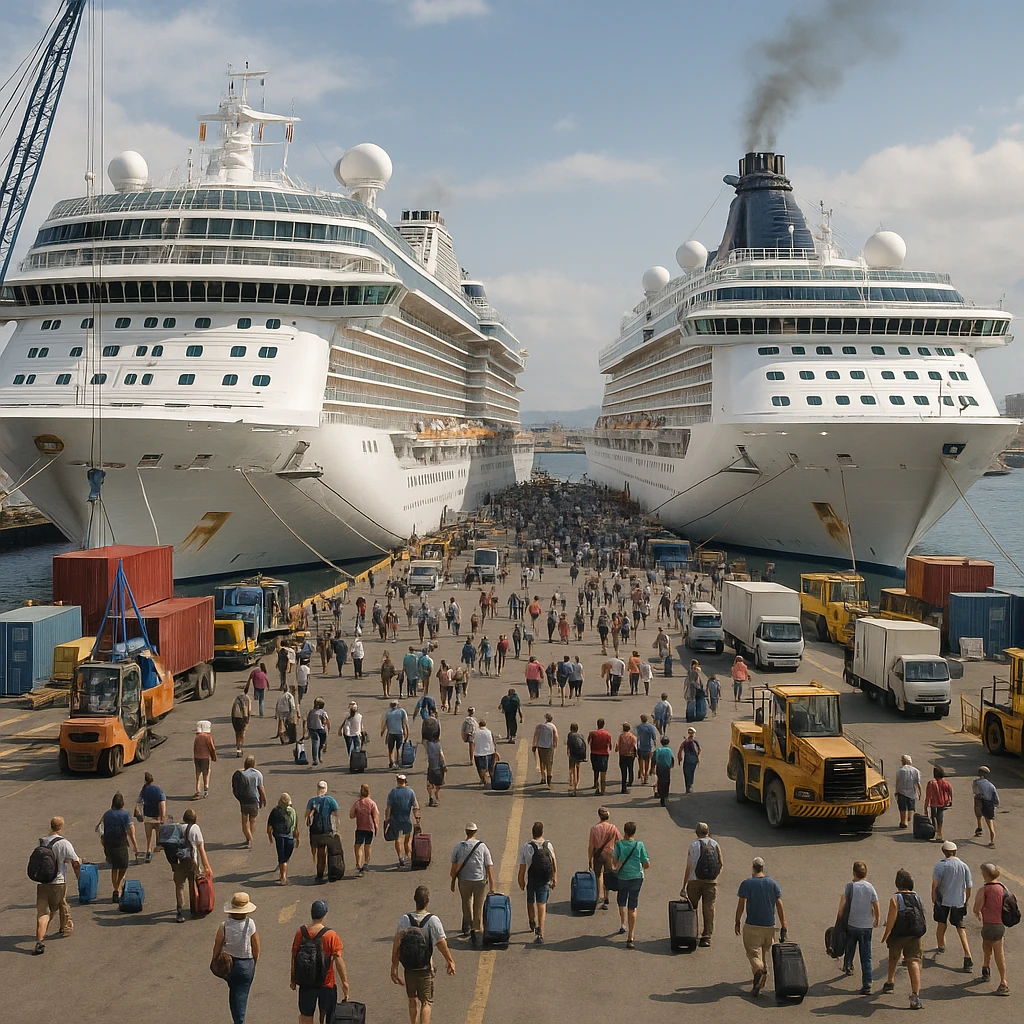 photorealistic port with cruise ships, bustling activity emoji
