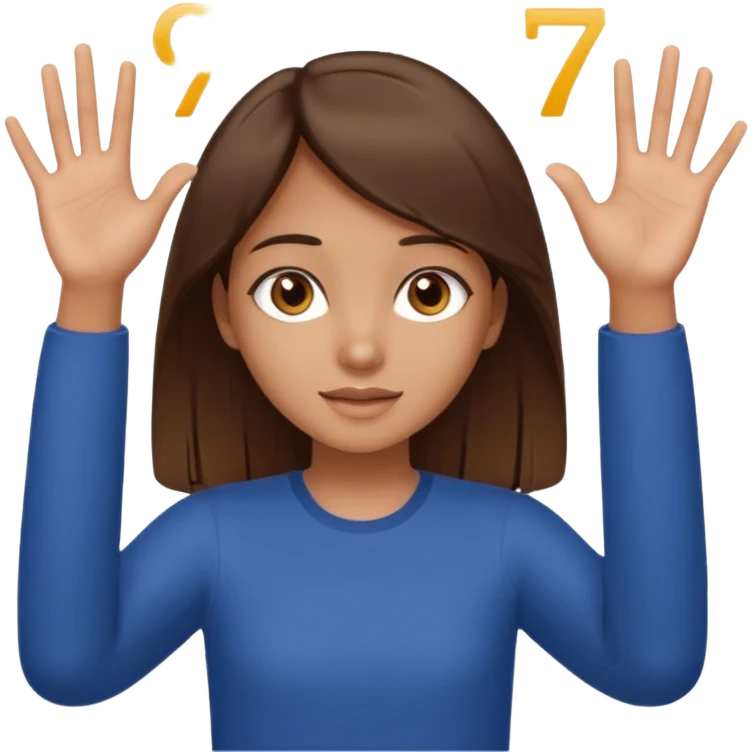 girl with straight brown hair and brown eyes holding the up two hands and holding a floating 6 on the left hand and a floating seven on the right hand emoji