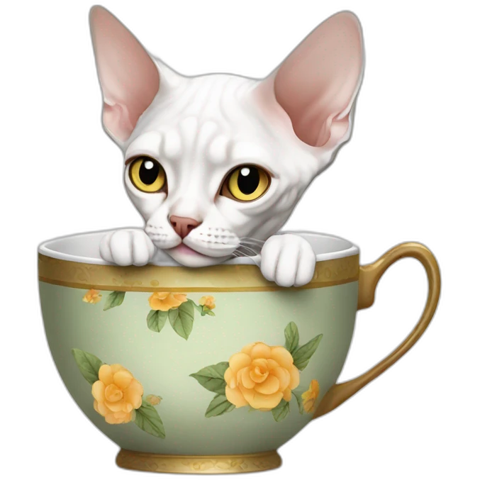 White devon rex drinking tea emoji