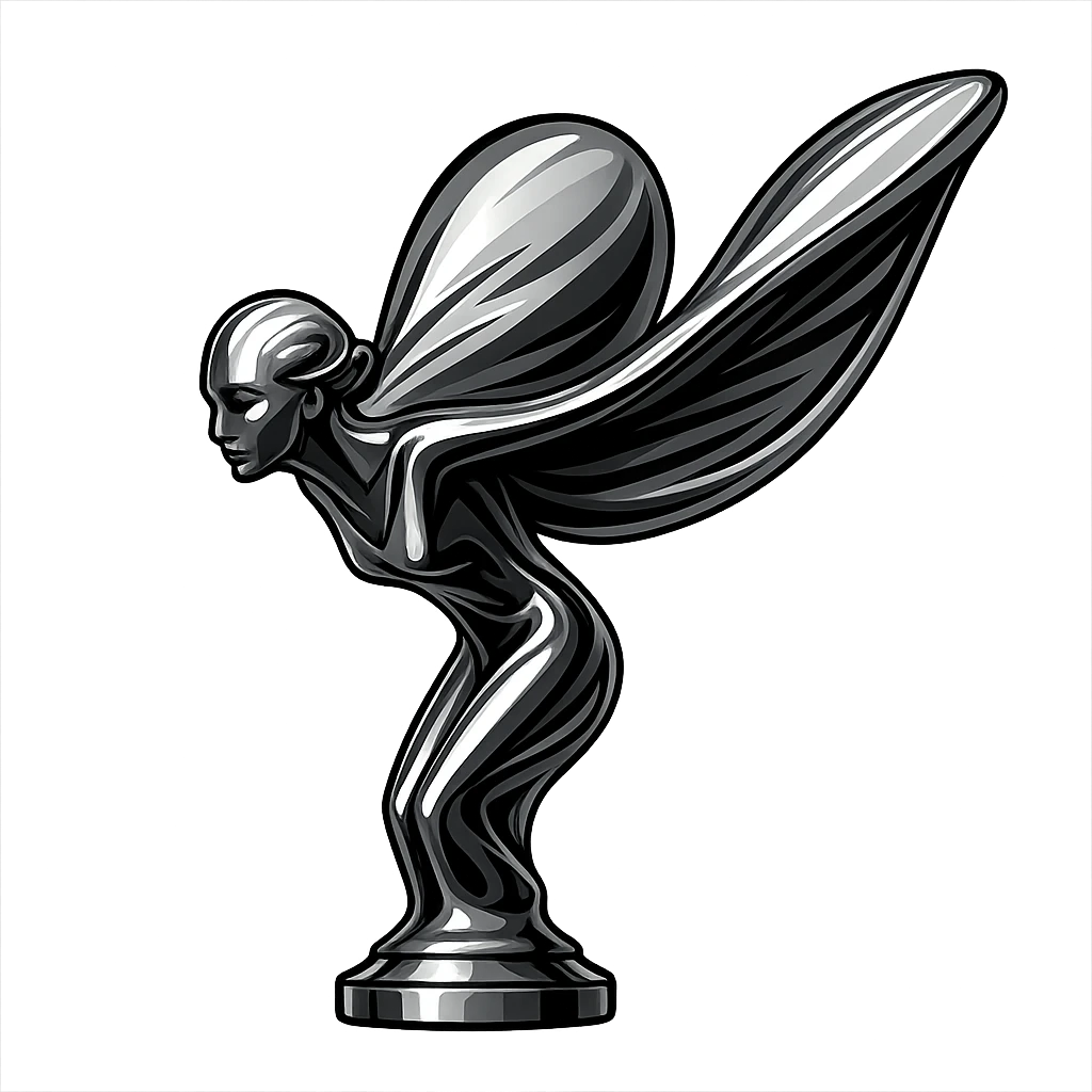 Rolls Royce Spirit of Ecstasy, stylized, chrome finish, modern luxury, streamlined, wings extended, premium car logo emoji