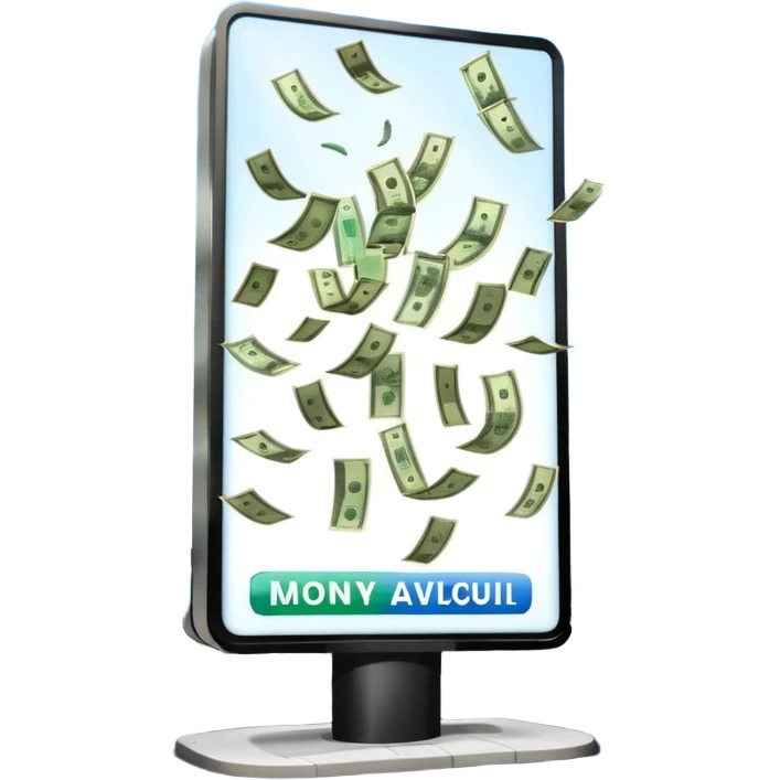a street billboard advertisement money falling down in front of it emoji