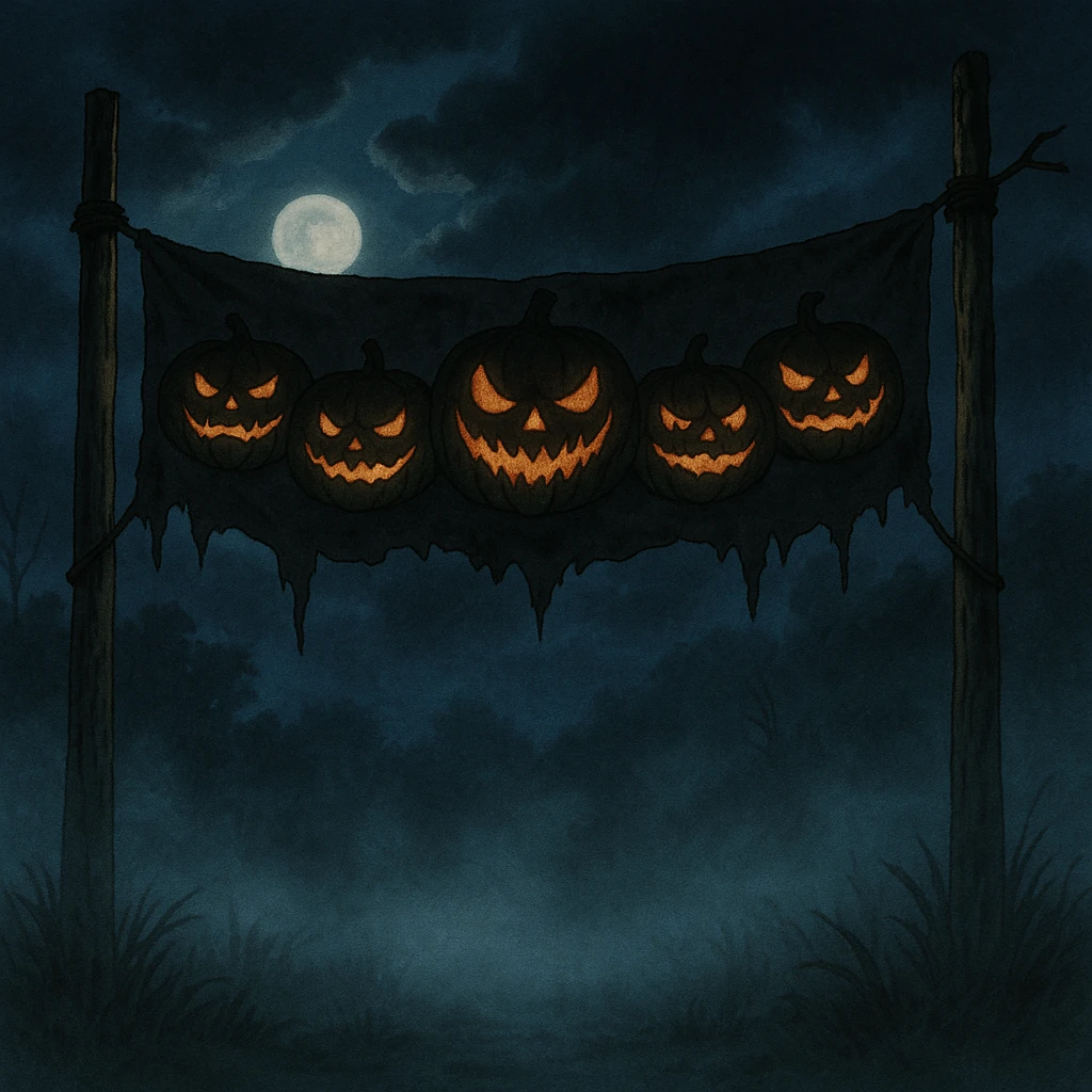 creepy banner, sinister jack-o-lanterns with twisted grins, foggy night, Halloween horror style emoji