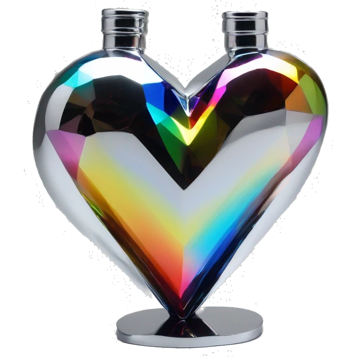 symbolic heart chrome sculpture symbolizing chromatic light with a geometric, faceted design. The bottle is standing upright with angular and baroque features. The vibrant rainbow of colors highlights the sharp edges and planes.  emoji