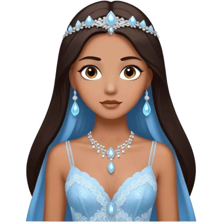 enchantress goddess wearing a embellished shimmering light powder white lace and icy moon drops angeliqué blue gown with tanned skin and super long straight dark brown hair emoji
