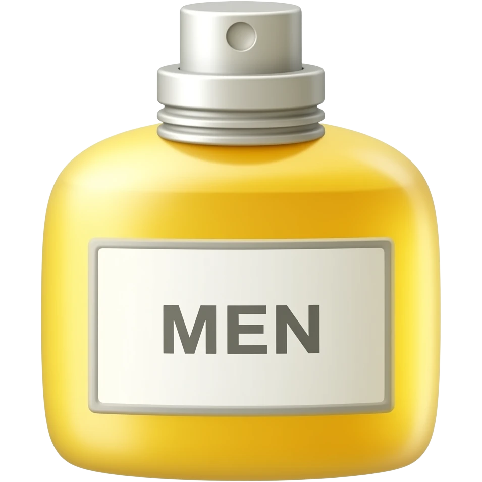 yellow cylindric perfume bottle for man with white rectangular label and silver cap emoji
