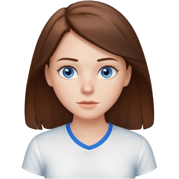 Create an emoji of a white Girl with brunette hair blue eyes faint freckles and hair to her chest wearing a white shirt emoji