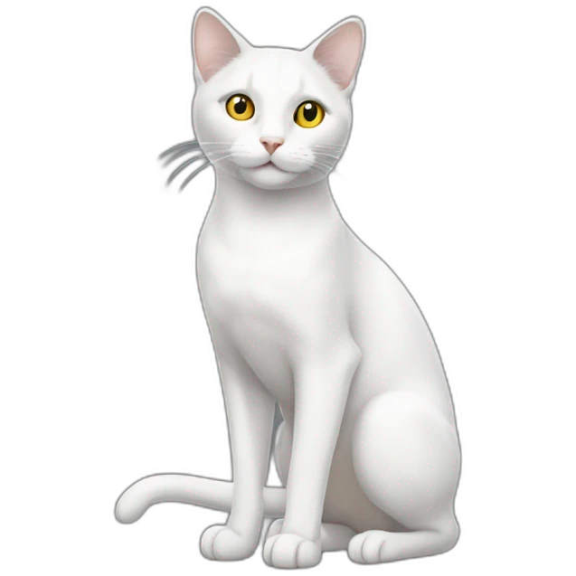 white cat with grey spot on hind leg and grey tail with yellow eyes emoji