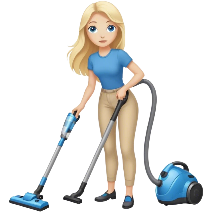 Cinematic realistic blonde with long hair, blue eyes vacuums emoji