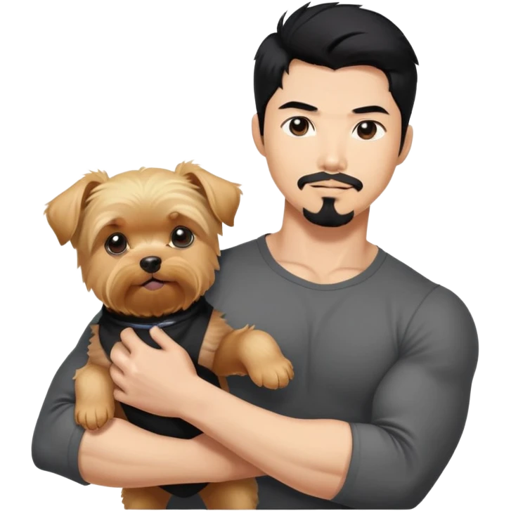  No female.  Holding a blonde yorkie. Dark haired Korean Asian handsome man with black pointy hair full goatee and biceps emoji