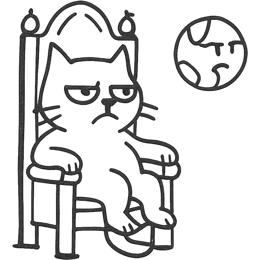A gray cat with a black nose sitting on a throne looking at the world with disgust emoji