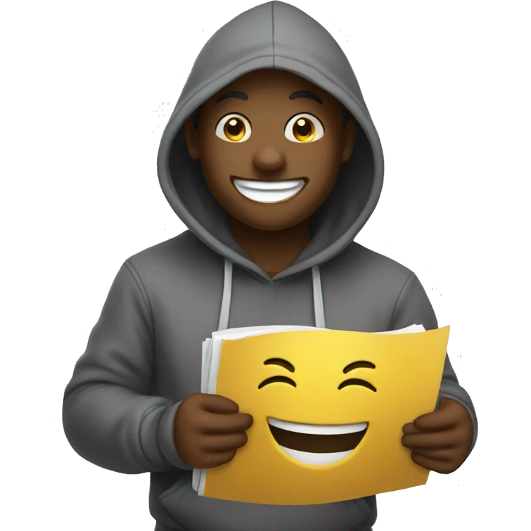 laughing emoji in a hoodie holding a list emoji