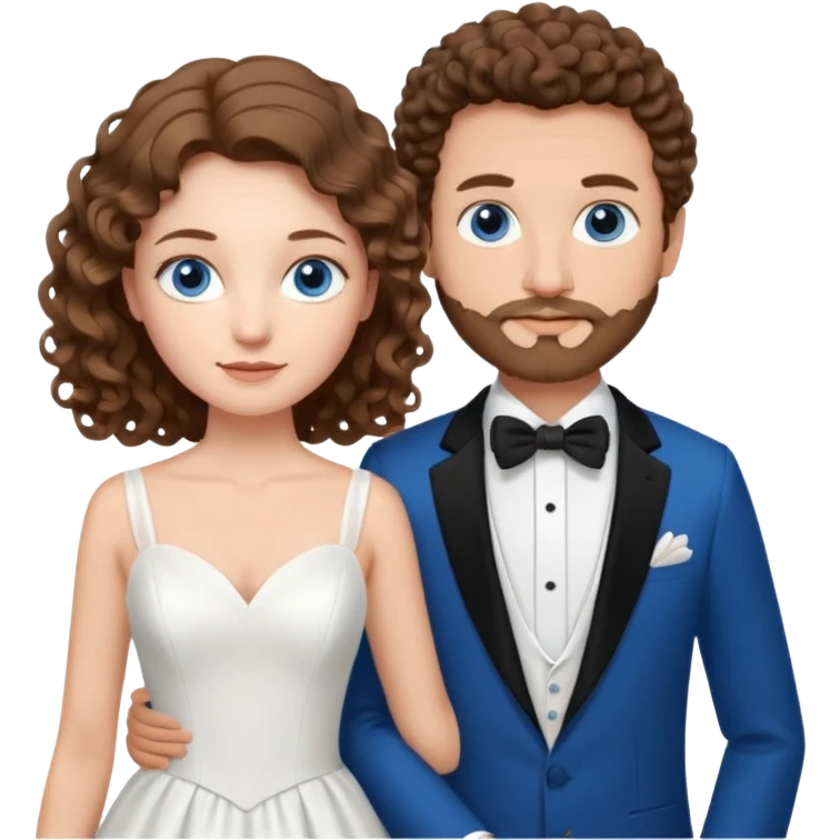 wedding couple, woman has long lightly curled brown hair and blue eyes, man has short light brown curly hair and facial hair with blue eyes emoji