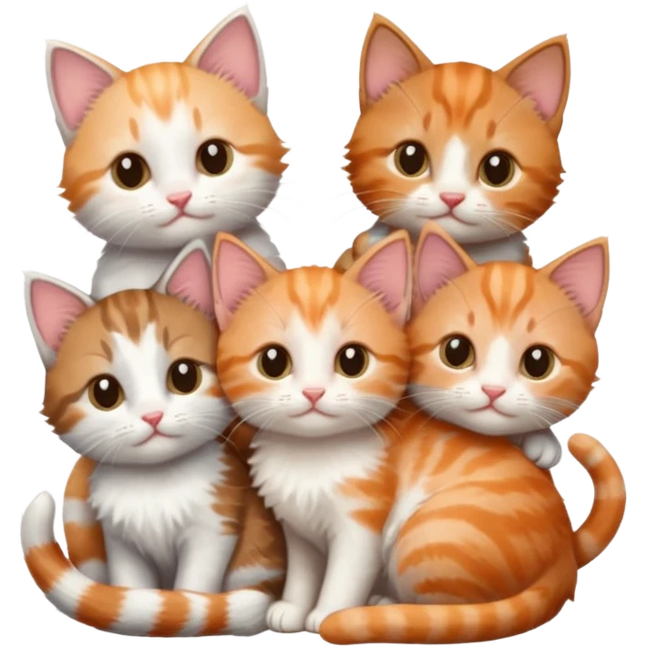 6 tiny kittens cuddling together all different colours, the first one is grey and white, the second is ginger and white and the third is brown tabby and white emoji