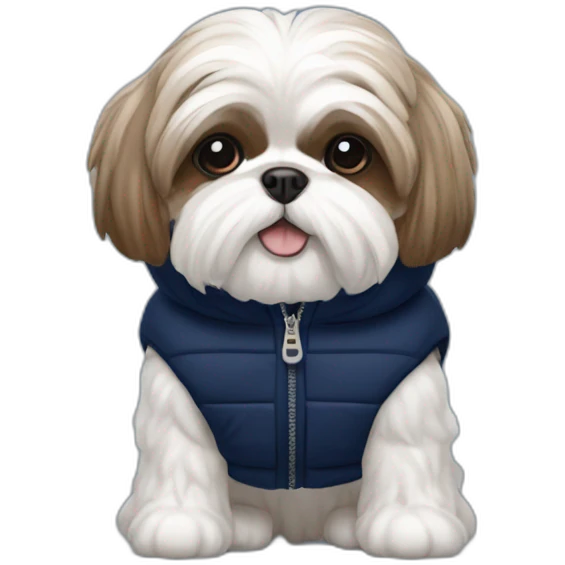 White and brown Shih tzu in sleeveless navy blue puffer jacket emoji